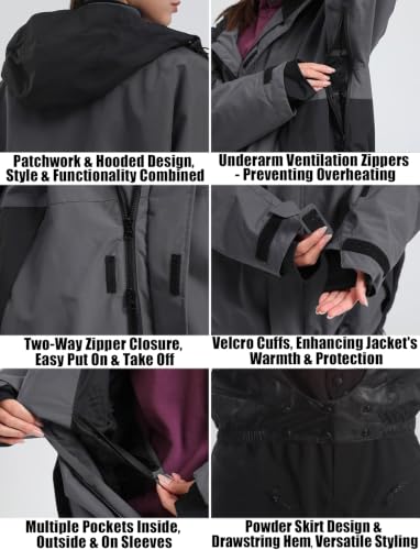 Image of GSOU SNOW Mens Womens Baggy Snowboard Jacket Ski Jacket 20K Waterproof | Snow Shell Jacket Retro, 15K Breathable, Windproof, Arm Vents, Powder Skirt, 5 Pockets, Color Block, Non-insulated, Loose Fit