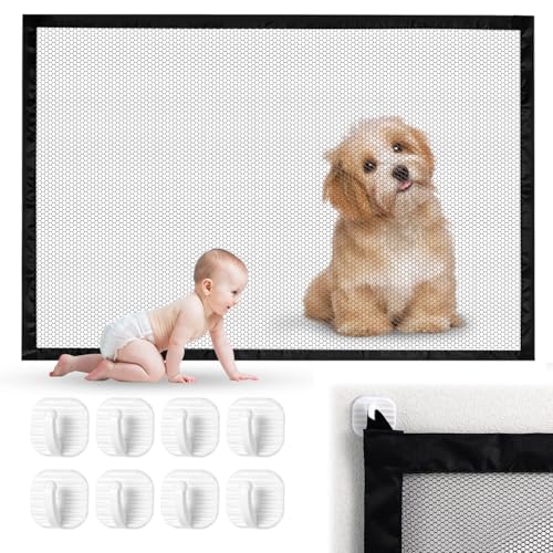2 Piezas Puerta de Seguridad para Mascotas, 110 x 77 cm Barrera para Perros, Puerta de Escalera Plegable, Barrera para Mascotas de Malla, Puerta de Perro para escaleras, para bebés y Mascotas