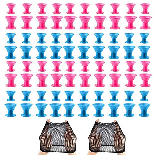 ATROPOS 80 Pcs Silicone Hair Curlers Rollers Magic Hair Rollers for DIY Curling Hairstyle Tools with 2 Pcs Net Cap (Pink & Blue)