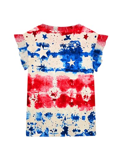 Image of Toddler Girls July 4th Shirts American Flag Ruffle Short Sleeve Patriotic Red White Blue Star Outfits Blouse Tops
