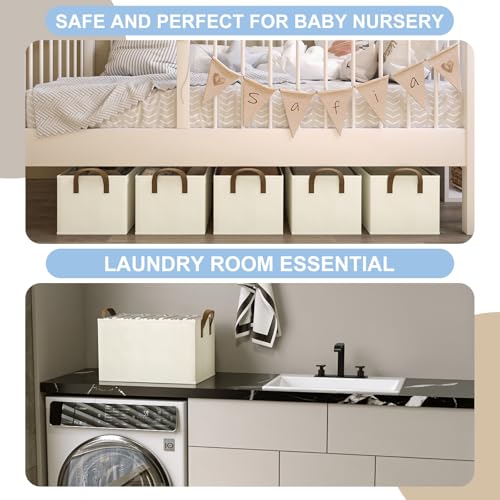 Closet Storage Bins, Fabric Closet Organizers and Storage Basket for Shelves, Collapsible Shelf Baskets for Organizing Shelves, Bedroom Clothes Basket, Beige, 3 Pack - Image 5