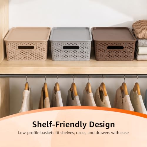 Image of Amazon Basics Set of 3 Plastic Storage Baskets with Lid Stackable Organiser for Wardrobe, Kitchen, Clothes, Toys, Books, Office, Stationery Multipurpose (Medium, 36x30x13 cm | Multicolour, Rectangular