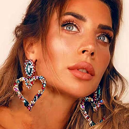 Xerling Large Heart Rhinestone Crystal Dangle Earrings Statement Drop Earrings for Women Girls Brides Love Heart Stud Earrings (Colorful) - Image 3