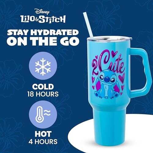 Image of Silver Buffalo Disney Lilo and Stitch inch2 Cute inch Stainless Steel Tumbler with Handle, Fits in Standard Cup Holder, 40 Ounces (Pack of 12)
