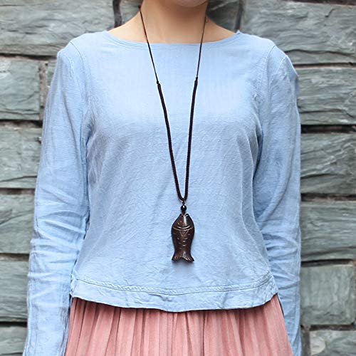 Chaîne pull et pendentif poisson en bois fait main, collier long - 2
