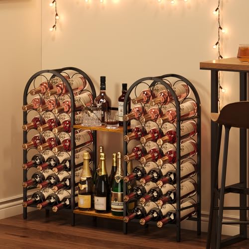 X-cosrack 40 Bottles Wine Rack Freestanding Floor Detachable Wine Stand with 2 Wood Deasktop, 7 Tier Metal & Wood Wine Bottle Holder, Wine Display Storage for Kitchen Living Room Bar