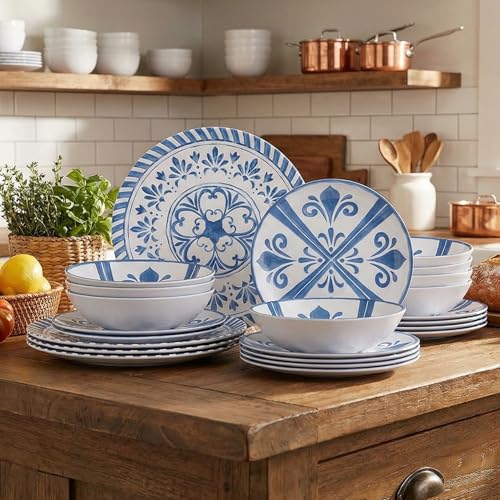 Yinshine Melamine Dinnerware Sets for 4, 12-Piece Plates and Bowls Sets - 4 Dinner Plates, 4 Salad Plates, 4 Cereal Bowls - Shatterproof & Lightweight for Indoor/Outdoor Dining, Embossed Textures