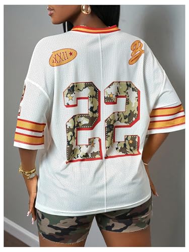 Women's Number Print Mesh Jersey Shirt Color Block V Neck Short Sleeve Football T-Shirt2