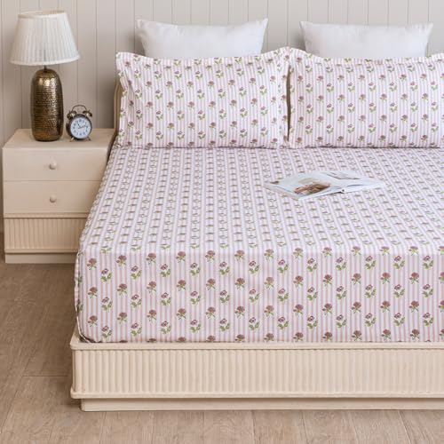 Image of HOMEMONDE Single Size Bedsheet | Cotton Flat Sheet with One Pillow Cover | 186 TC |Floral Design| All-Season Soft Bedsheet for Single Bed (60 x 90 Inch /152 x 229 cm, Peach)