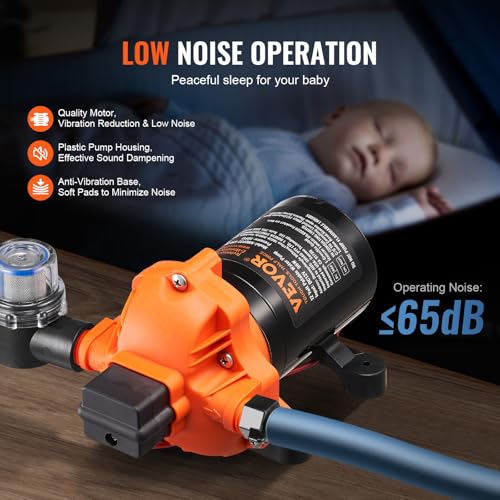 Image of VEVOR 12V Diaphragm Pump, 3 GPM (11.36 L /min), 3-Chamber 12 Volt DC Water Pump with Automatic Pressure Switch 40-100 PSI Adjustable, 50 PSI, 1 /2'' MNPT Port, for RV Yacht Food Truck Camper Marine