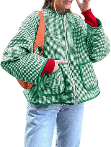 Yousify Womens Zip Up Jacket Fall Casual Light Weight Quilted 2024 Winter Coat with Pockets Green L