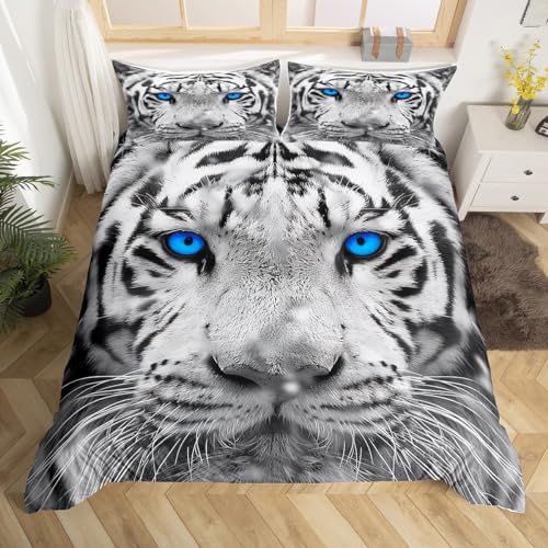 Erosebridal White Tiger Bedding Set King Size 3D Animal Print for Kids Boys Teens Duvet Cover Set Chic Design Gray Tiger Comforter Cover Novelty Black and White Striped Big Cat