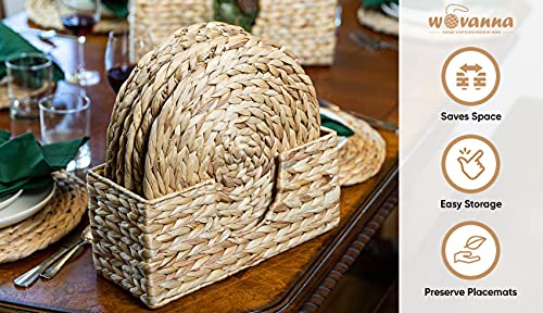 Wovanna Woven Placemats For Dining Table - Set Of 6 Adorable Thick Rustic Round Kitchen Placemats With Decorative Tall Holder – All Natural Wicker Tablemats Hand-Braided From Water Hyacinth, 13.5 Inch #TOP2