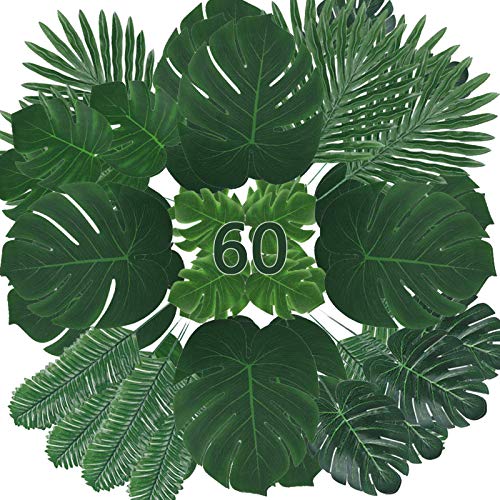 Fake Leaves 60 Pcs Artificial Leaves Tropical Palm Leaves Monstera Leaves with Stems for Safari Decorations Tropical Party Supplies Jungle Beach Luau Theme Party Decorations (6 Kinds)