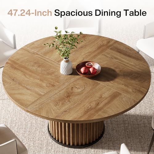 Image of Tribesigns 47.24-Inch Brown Round Dining Table for 4-6 People, Modern Fluted MDF + Metal Base Kitchen Table, Sturdy Circle Dining Room Furniture, Brown