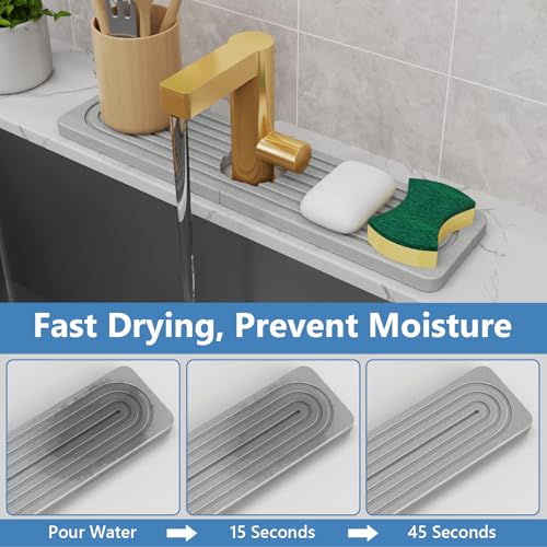 24'' Longer Stone Faucet Mat for Kitchen Sink [Super Absorbent, 30s Quick Drying] Water Absorbing Stone Tray for Sink Stone Mat for Kitchen Sink Stone Quick Dry Around Faucet Diatomite Stone Sink Tray by Snoquir - Image 3