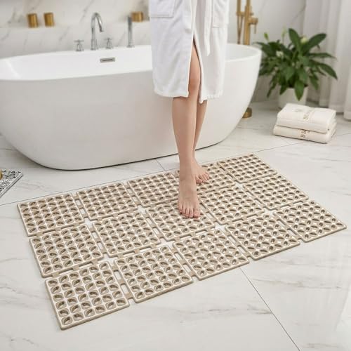 Image of LUXEHOME International Rubber Shower Mat for Bathroom Floor Anti Slip Water Resistant Tile Pattern Bath Tub Shower Matt Heavy Duty 40x66 Cm Taupe Pack of 1