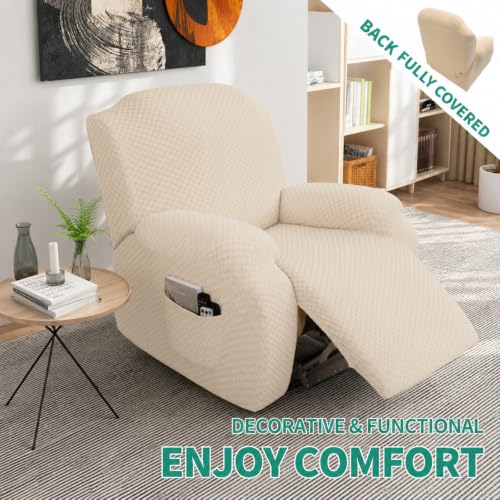 Image of YEMYHOM 4 Pieces Stretch Recliner Slipcover Jacquard Recliner Chair Cover with Side Pocket Anti-Slip Fitted Recliner Cover Couch Furniture Protector with Elastic Bottom (Recliner, Beige)