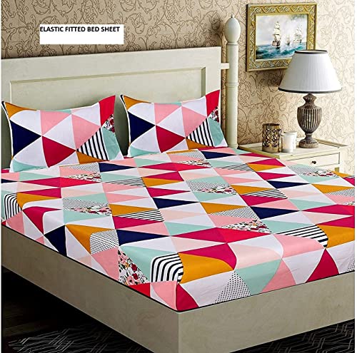 Image of Cotton Feel Glace Cotton Elastic Fitted Printed King Size Double Bed Bedsheet with 2 Pillow Cover(72 inchx78 inch) (Trangle)