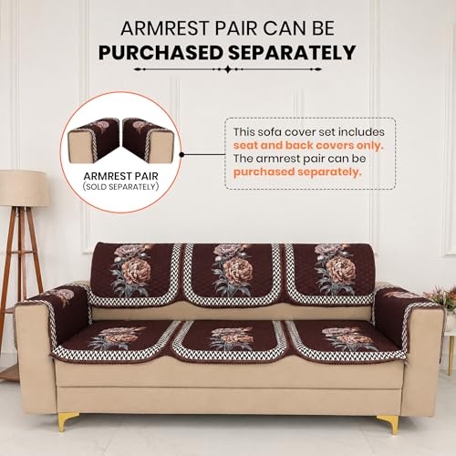 Image of Homerz 'Brooklyn Series' Premium Sofa Cover | Quilted Floral Design | Non-Slip Washable Sofa Protector | Soft Anti Slip Fabric (Ny Brown, 2 pc Armrest, Armrest)