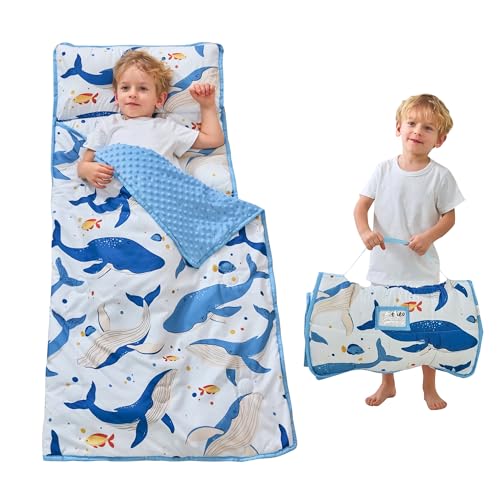 Lasoftan Toddler Nap Mat with Pillow and Blanket, Extra Large Rolled Napping Mats,Slumber Bags for Boys Girls,Kids Sleeping Bag for Daycare, 21" x 50" Preschool Travel Camping - Ocean Whale