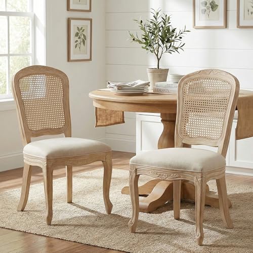 Wicker Dining Chairs Set of 2, Upholstered Linen Fabric Dining Room Chairs with Square High Rattan Back Farmhouse French Kitchen Chairs for Dining Table/Living Room/Restaurant, White