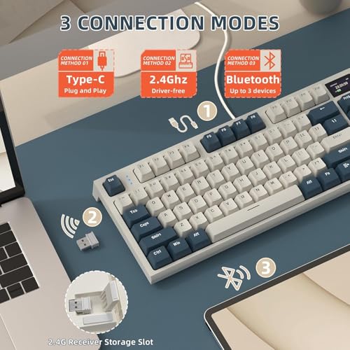 ATTACK SHARK K86 Teclado mecânico sem fio RGB para jogos, teclado com fio 2.4 GHz/BT5.0/USB-C, Layout 75% TKL com tela colorida TFT HD de 1.2'' e botão CNC, interruptor linear TTC Hot-Swap(Azul) - Imagem 4