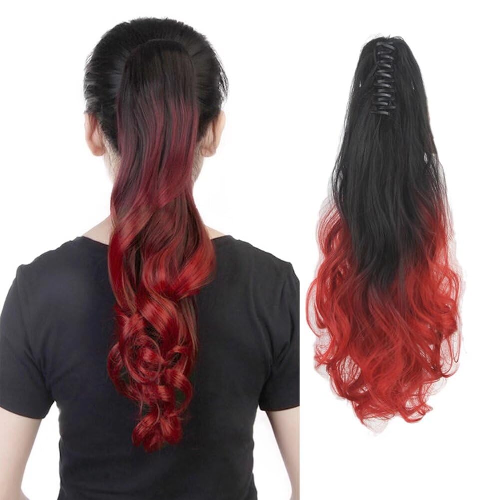 iLUU Hairpiece Long Wavy Ombre 24" Claw Clip On Hair Jaw Pony Tail Synthetic Hairpiece Heat Resistant Ponytail 130g Thick Ombre Color Hair Extensions