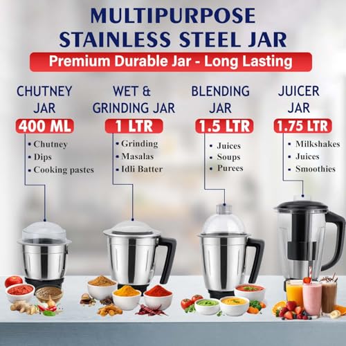 Image of Kanchan Tiago Plus Mixer Grinder 750 Watt|4 Multipurpose Jars(3 Stainless Steel + 1 Juicer)Blending, Grinding, Juicer mixer grinder for kitchen,Powerful motor with Overload Safety, ISI, 5 Yr Warranty