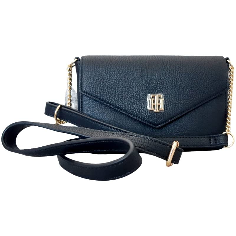 Tommy Hilfiger Bolsa de ombro feminina em couro granulado, preta
