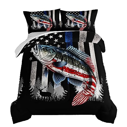 HOSIMA Soft Microfiber Black Twin Comforter with 2 Pillowcases,American Flag Striped Bass Pattern Twin Bedding Sets,Fishing Comforter Kids Men Boys Room Decor,Twin Bed in a Bag for Teens.