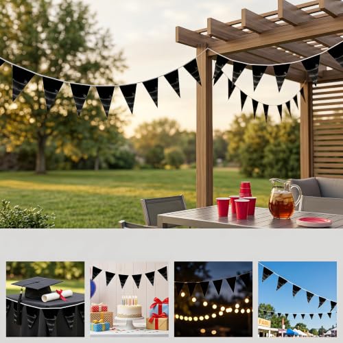 Image of 40M /130FT Black Triangle Pennant Banner Flag Metallic Fabric Bunting Garland for Christmas Graduation Birthday Wedding Engagement Bachelorette Holiday Halloween Celebration Hen Party Supplies