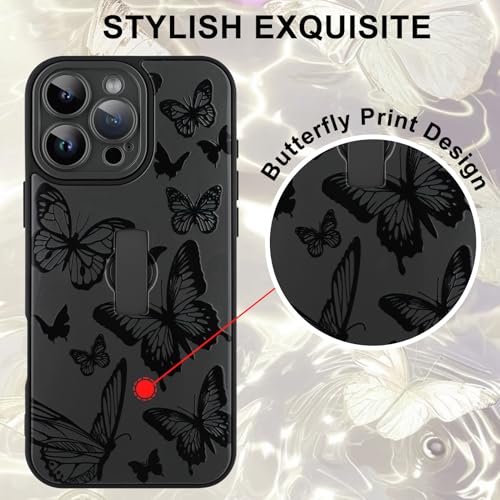 Image of for iPhone 16 Pro Case with Finger Strap Holder, Cute Cool Butterfly Print Pattern Design for Women Men, Shockproof Anti Scratch Hand Kickstand Protective Cover, Gray