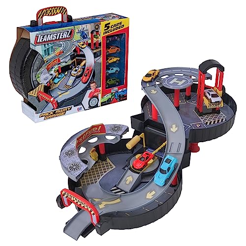 Teamsterz Garage pliable à 2 niveaux | Ensemble de jeu de voiture avec lave-auto, piste et ascenseur | Étui de transport facile à plier | Comprend 3 voitures moulées sous pression | Jeu de garage pour