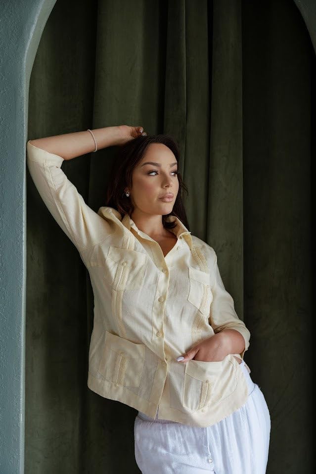 Mojito Women's Premium Linen Guayabera Shirt – 3/4 Sleeve Traditional 4-Pocket Style - Image 3