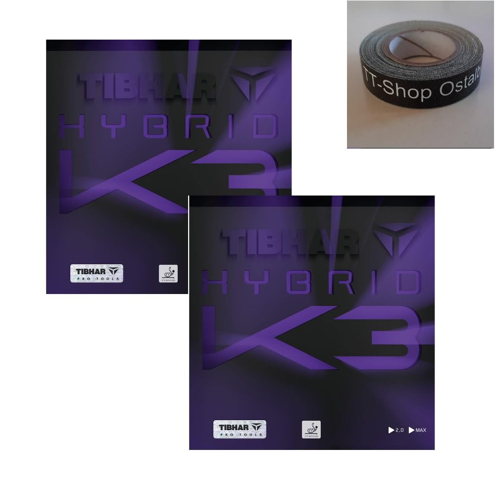 Tibhar Hybrid K3 Table Tennis Rubber Pack of 2 | Includes 50 cm TT-Shop Ostalb Edge Tape (Max)