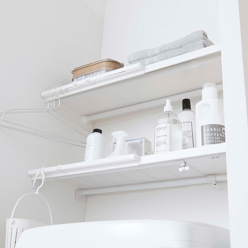 Yamazaki 5322 Telescopic Shelf for Tension Rods, Large, White, Approx. W 18.3-35.4 x D 14.0 x H 1.2 inches (46.5-90 x 35.5 x 35.5 cm), Tower, Simple Shelf, Just Put On A Tension Rod