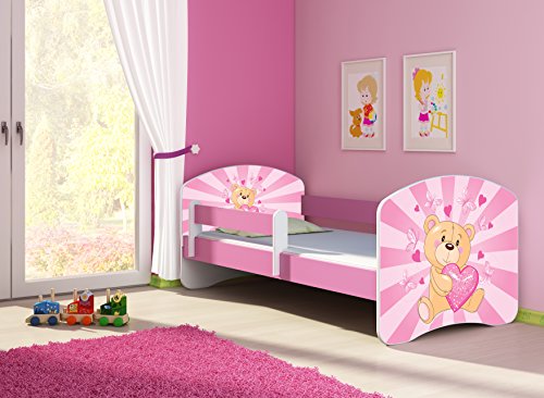 Lit enfant 80x180 complet avec matelas sommier et barrière de lit junior rose - 3