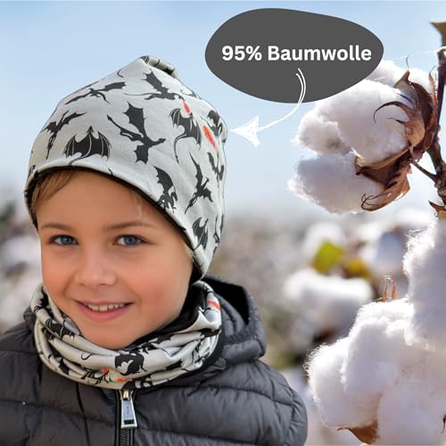 HECKBO Drachen Beanie & Schlauchschal Set - 2-8 Jahre - Wendbar mit Jersey Innen - Mädchen Jungen - 95% Baumwolle (48–54 cm)