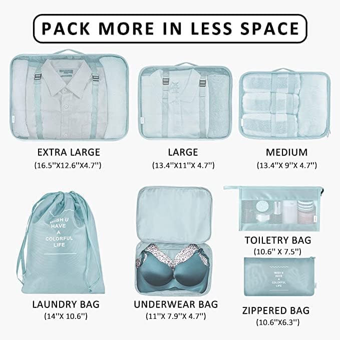 Image of 7 Pcs Travel Organizer Bag Set for Luggage | Waterproof Packing Cubes for Clothes, Shoes & Toiletries | Foldable Travel Storage Bags for Men & Women | Black Travel Pouch Set (Skyblue)