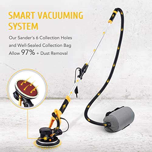 Zelcan 800W Drywall Sander With Vacuum, Dustless Wall Pole Sander With 59-71'' Extendable Handle, 500~1800Rpm Dust-Free Auto Electric Sanding Machine With 12 Sanding Discs, Carrying Bag & Led Lights #TOP1