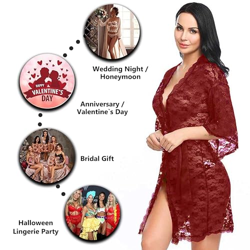 Image of Love Maker Women Sexy Floral Net Lace Tranparent Babydoll Lingerie Night Robe /Nightgown Lingerie for Honeymoon with Bikini Set S-3XL