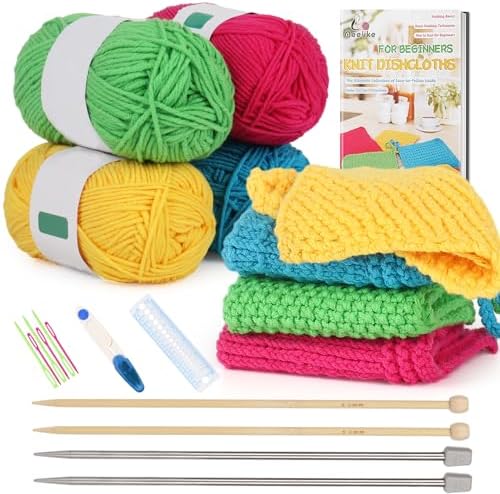 Aeelike Knitting Kit for Beginners, Complete Beginner Knitting Kit Easy Knitting Set Including Knitting Needles Set Cotton Yarn, Learn to Knit Dishcloth with Step-by-Step Instructions, Colorful