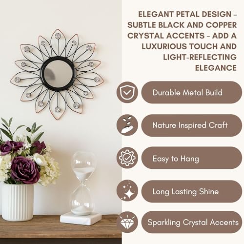 Image of Metal Sunflower Mirror Wall Decor Decorative Mirror Wall Mounted | Mirror Wall Decor for Living Room | Beautiful Metal Modern Designer Hanging Mirror Sculpture Set of 3 (Black & Copper)