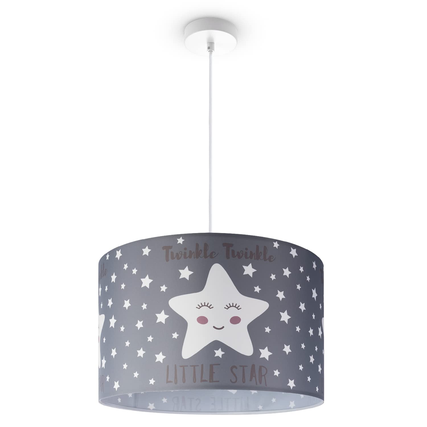 Paco Home Pendellampe Kinderzimmer Pendelleuchte Baby Lampenschirm Stoff Rund Wolken Himmel Sterne Kinderlampe E27