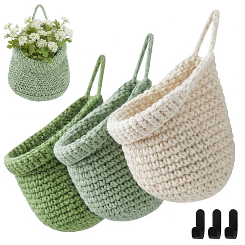 Image of Honeydak 3 Hanging Baskets, Sage Color Palette, Barrel, Cotton Rope