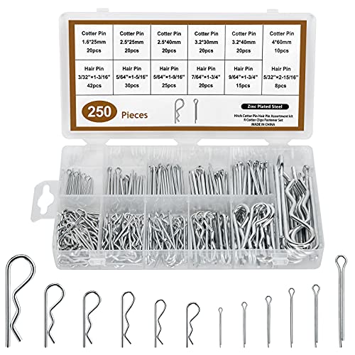 250 Piezas Pasadores Partidos, Acero galvanizado Pasador De Chaveta, R Forma Pasador Dividido ​Resistente Clip de Pasador de Chaveta, con Caja para Automoción Mecánica Garaje - 12 Tamaños Cover