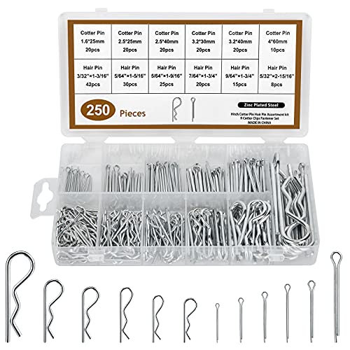 250PCS Splinte Federstecker Set Verzinkter Stahl Federsplinte mit Sortimentskasten Sicherungssplinte R-Clips 6 Verschiedene Größen Sicherungssplinte Splint Sortiment für Autos Mechaniker