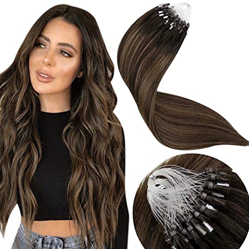 LAAVOO Micro Ring Hair Extensions Human Hair Balayage Darkest Brown Ombre Light Brown Microlink Human Hair Extensions Real Human Hair Brown Silky Soft Straight 1g/Strand 50g 16"