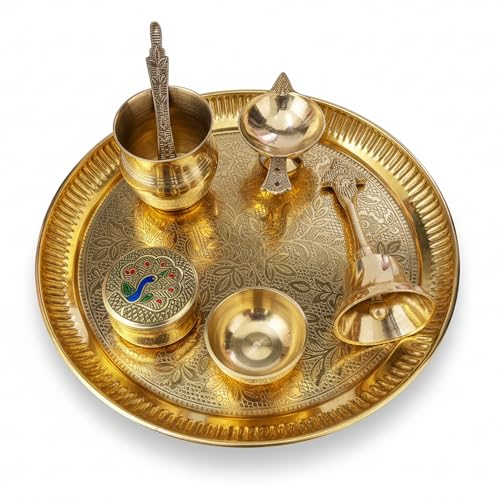 Image of Traditional Brass Puja Thali Set for Mandir & Festivals | Brass Aarti Thali Plate for Bhog, Diya & Pooja Rituals | Ideal for Diwali Navratri Karwa Chauth Home Temple Decor (Set of 7)